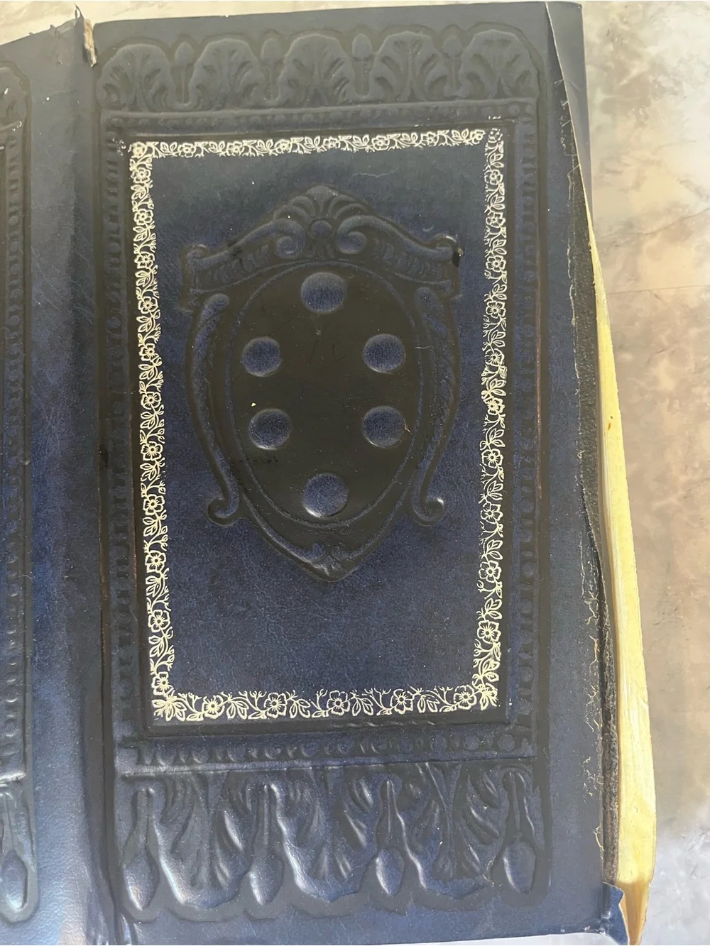 Vintage Italian Florentine Wastebasket Faux Leather Dark Navy Blue Collapsible